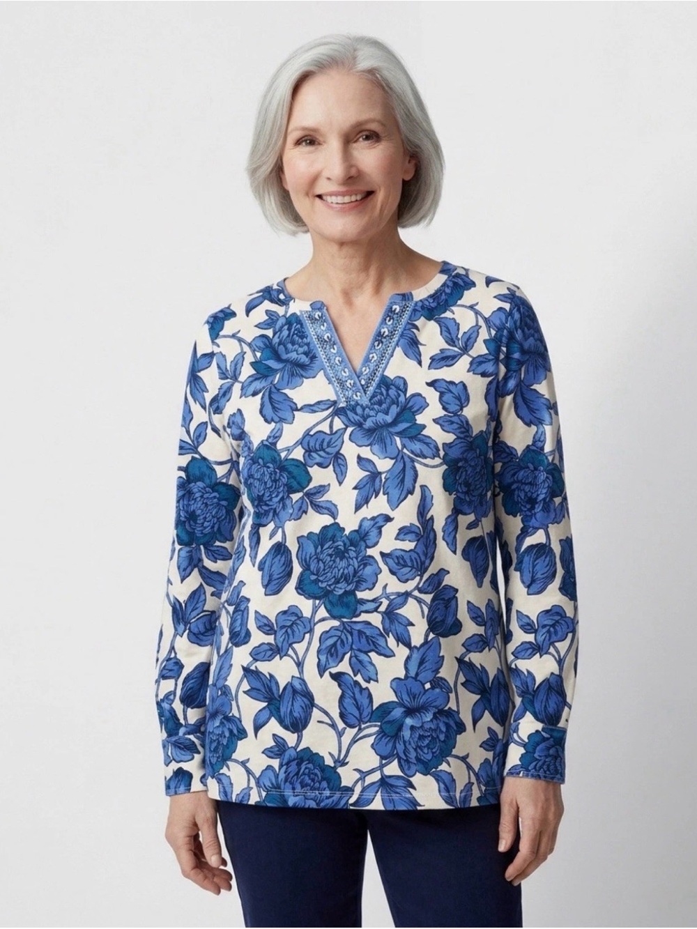 QVC tunic bold floral long sleeve top‎ beach cruise wear